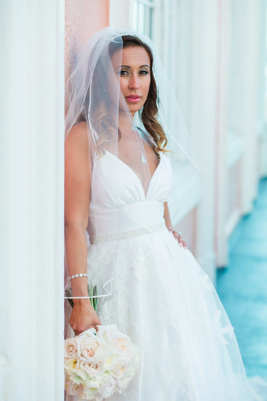 St. Pete Bride Wedding Portrait with White and Blush Phink Peony Bouquet