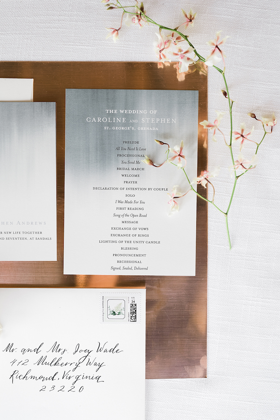 Modern Slate Grey and White Tropical Wedding Inspiration with Handwritten Calligraphy | Minted.com Wedding Invitation Stationery