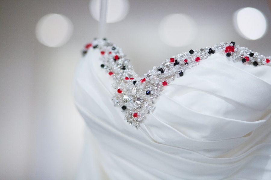 Strapless, Sweetheart Wedding Dress with Rhinestones and Red and Black Accents | Alice in Wonderland Themed Whimsical Fairytale Wedding