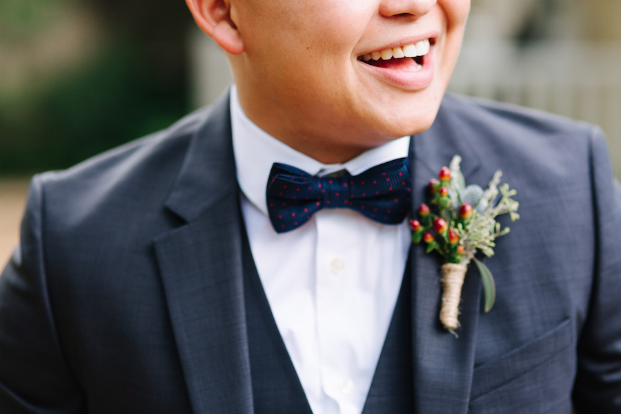 Groom's Wedding Attire | Grey Suit and Navy Blue and Red Polka Dot Bowtie