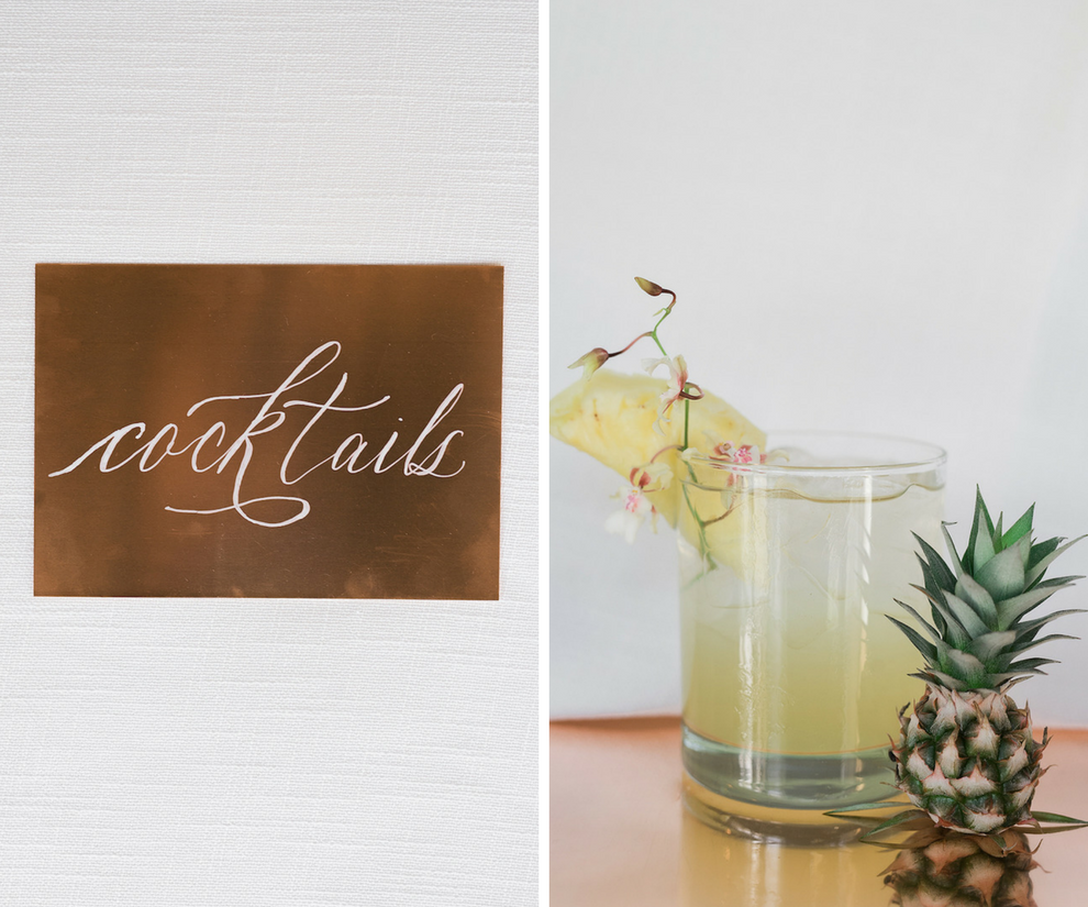 Modern Gold Foil Cocktail Hour Signs and Mini Pineapple Mixed Drink | Tropical Beach Wedding Inspiration | Minted.com Wedding Invitation Stationery