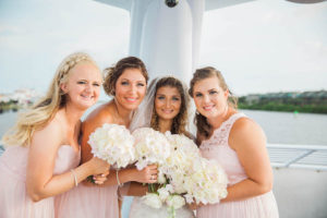 Outdoor Tampa Bridal Party Wedding Portrait | Blush Pink Davids Bridal Bridesmaid Dress with Ivory and Pink Bouquets