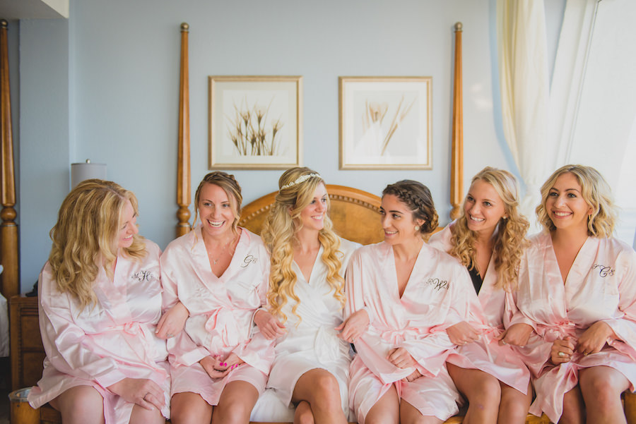 Bridal Getting Ready Wedding Portrait with Bridesmaids in Pink and Ivory Monogram Robes | Tampa Wedding Hair and Makeup Michele Renee the Studio | Tampa Wedding Photographer Kera Photography