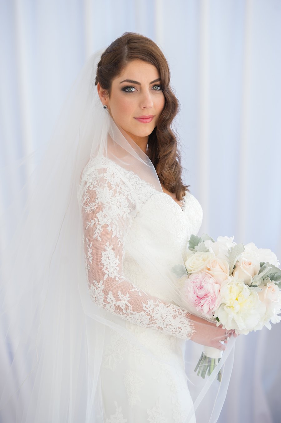 Bridal Wedding Portrait in Ivory, Lace Long Sleeve Wedding Dress and Ivory and Pink Bridal Bouquet | Tampa Wedding Photographer Andi Diamond Photography