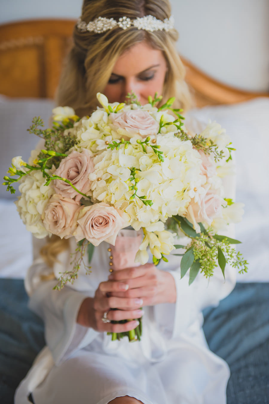 Bridal Getting Ready Wedding Portrait with Ivory Hydrangeas and Blush Pink Roses with Greenery Wedding Bouquet with Pink Satin Ribbon | Tampa Wedding Photographer Kera Photography