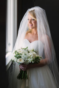 Bridal Wedding Portrait in White, Tulle Wedding Dress, Chapel Veil. and Ivory and White Bridal Bouquet