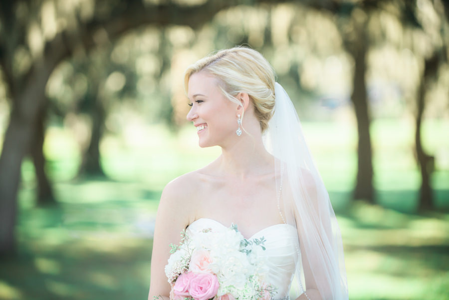 Outdoor, Bridal Wedding Portrait in White, Tara Keely Strapless Wedding Dress and White and Pink Bridal Bouquet