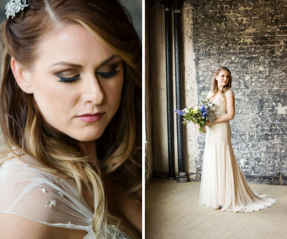 Bridal Wedding Portrait in Beaded Art Deco Inspired Ivory Jenny Packham Wedding Dress with Ivory and Blue Wedding Bouquet | Glamorous Wedding Makeup by Tampa Makeup Artist Lindsay Does Makeup