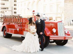 Bride and Groom Wedding Portrait in Ivory Strapless Sweetheart Ballgown with Vintage Firetruck | Downtown Tampa Wedding Planner Blush by Brandee Gaar