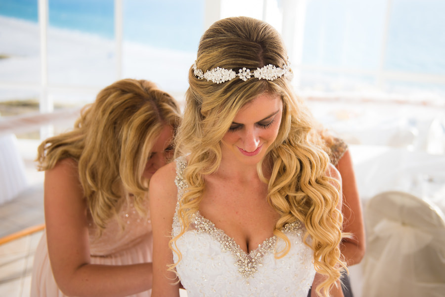 Bridal Getting Dressed Wedding Portrait with Beachy Wedding Hair with Crystal Headband | Tampa Wedding Hair and Makeup Artist Michele Renee The Studio | Tampa Wedding Photographer Kera Photography
