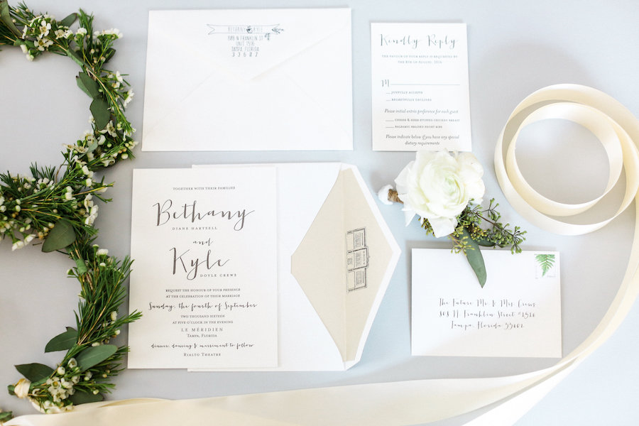 Modern White and Grey Wedding Invitation Suite with Ivory Roses by Tampa Bay Stationery Designer A&P Designs
