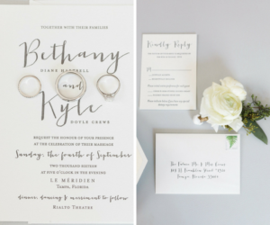 Modern White and Grey Wedding Invitation Suite with Ivory Roses by Tampa Bay Stationery Designer A&P Designs