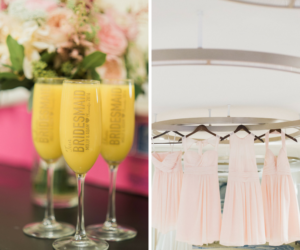 Blush Pink Bill Levkoff bridesmaid dresses | Bridesmaid Mimosa champagne flutes | Monogrammed wedding gifts