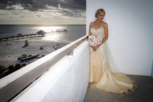 Outdoor, Clearwater Beach Bride Wedding Portrait with Sweetheart Beaded Champagne Wedding Dress and Long Veil