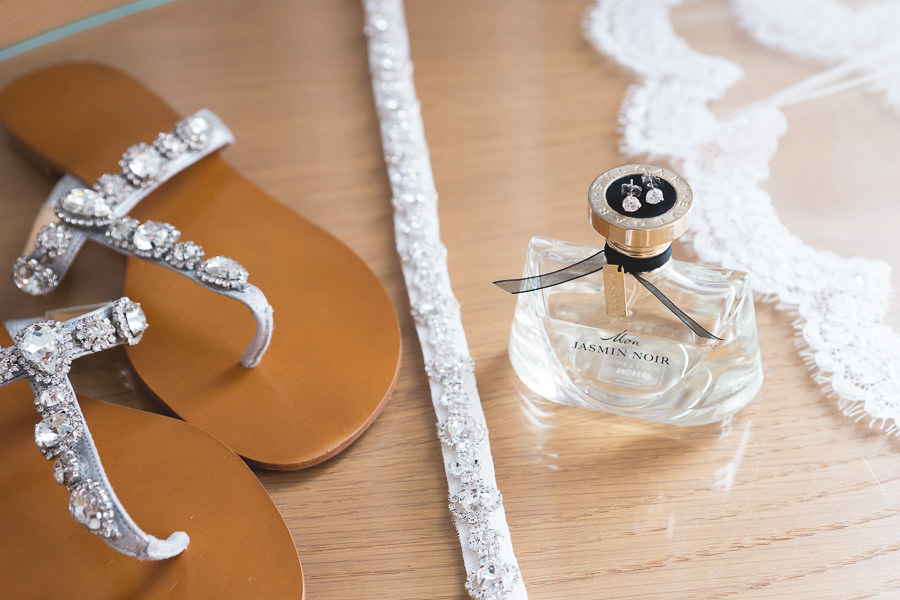Bride Getting Ready Accessories | Sparkle Rhinestone Sandals and Wedding Day Perfume with Diamond Earrings