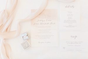 White and Pastel Blush Pink Wedding Invitation Suite with Script Calligraphy Style Font