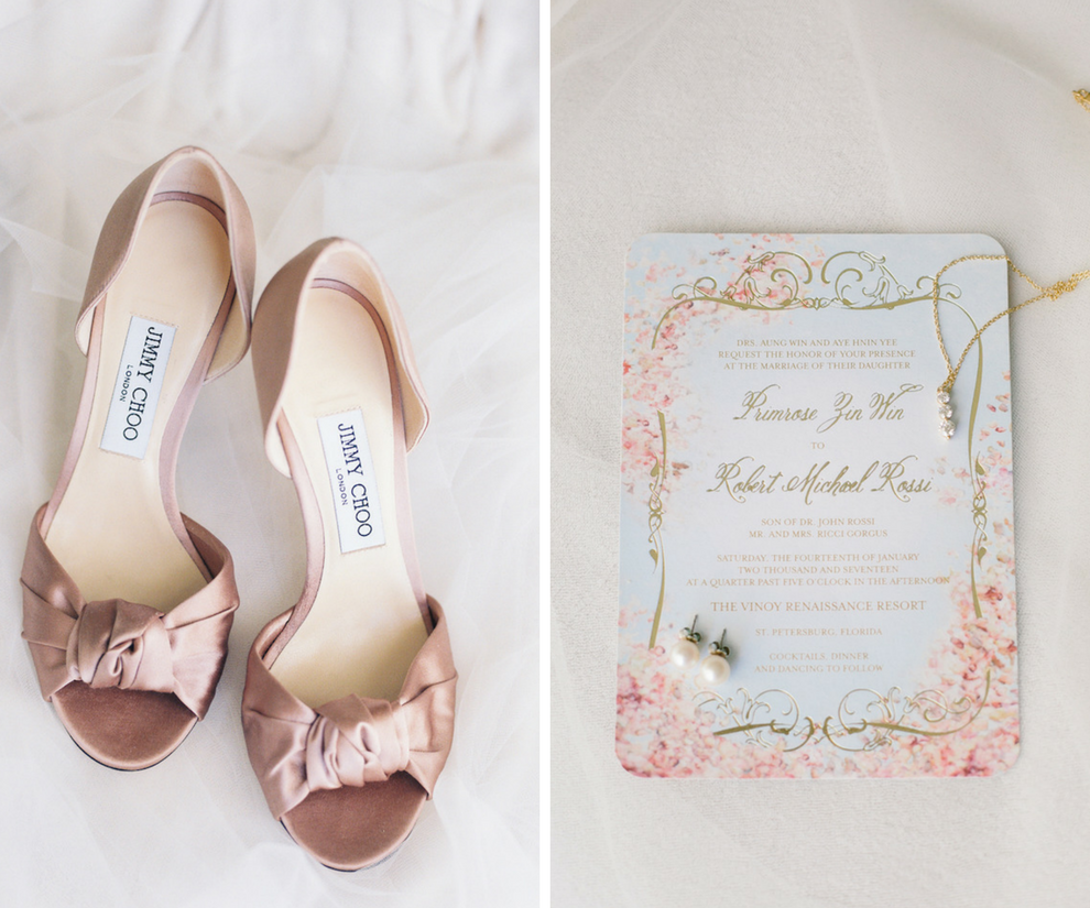 Blush Satin Jimmy Choo Peep Toe Wedding Shoe | Blush and Gold Wedding Invitation