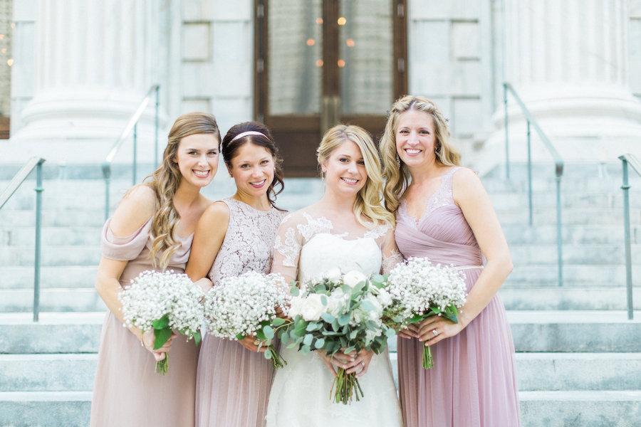 Blush BHLDN Bridesmaids Dresses with Ivory Babysbreath Wedding Bouquets | Bridesmaids Hair Ideas from Blo Blow Dry Bar Tampa