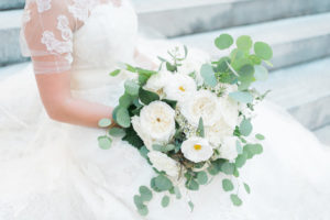 Bridal Wedding Portrait in Ivory Lace Custom Wedding Dress with Ivory Peonies and Eucalyptus Wedding Bouquet | Downtown Tampa Wedding Planning Inspire Weddings and Events