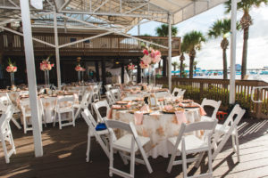 Outdoor, Clearwater Beach Waterfront Wedding Reception | Tall Ivory, Pink and Blush Pink Flower Centerpieces | Hilton Clearwater Beach