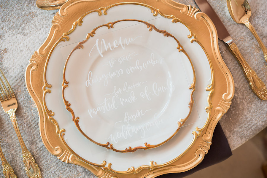 European Inspired Wedding Reception Inspiration and Decor | Gold Charger, Flatware, Vintage China and Acrylic Calligraphy Menu | Sarasota Wedding Planner NK Productions