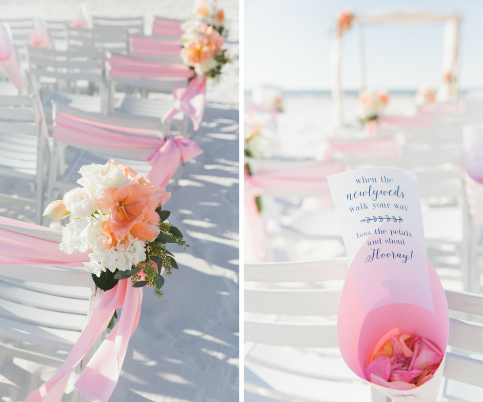 Florida beach wedding ceremony decor with petal toss sign with blue calligraphy | Blush, peach and ivory flowers | Tampa Bay Beachfront Hotel Hilton Clearwater Beach