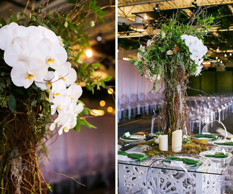 Modern Green Wedding Reception Inspiration & Ideas | Tall White Orchard Wooden Twig Centerpiece with Ghost Chairs | Rentals A Chair Affair | Downtown Tampa Wedding Venue Glazer's Children Museum | Wedding Planner Glitz Events