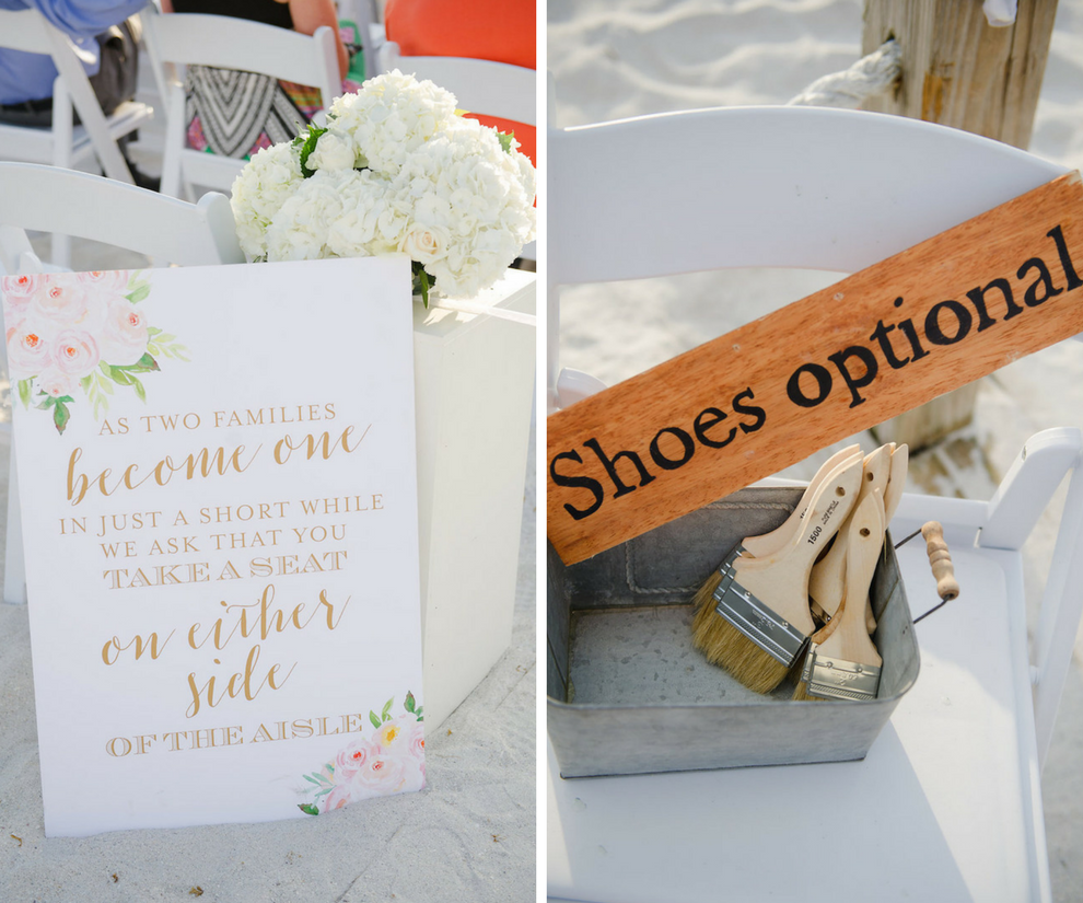 White Wedding Ceremony Sign with Blush Floral Illustration and Gold Calligraphy | Wooden Shoes Optional Wedding Ceremony Sign | Beach Wedding Ideas
