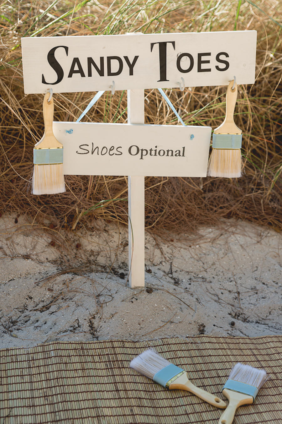 Beach Ceremony Wedding Ideas | Sandy Toes with Paintbrush Sign