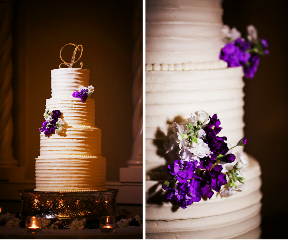 Four Tiered, Round, White Wedding Cake with Purple Floral Accents and Monogram Cake Topper