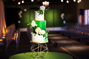 Geometric Green, White and Gold Modern Round Wedding Cake with White Flowers | Tampa Bay Wedding Cake Baker The Artistic Whisk | Green Wedding Inspiration