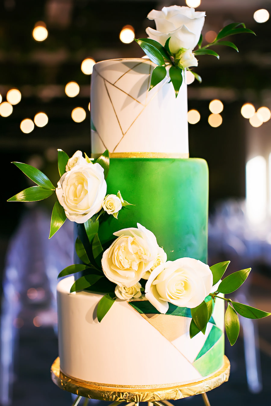 Geometric Green, White and Gold Modern Round Wedding Cake with White Flowers | Tampa Bay Wedding Cake Baker The Artistic Whisk | Green Wedding Inspiration