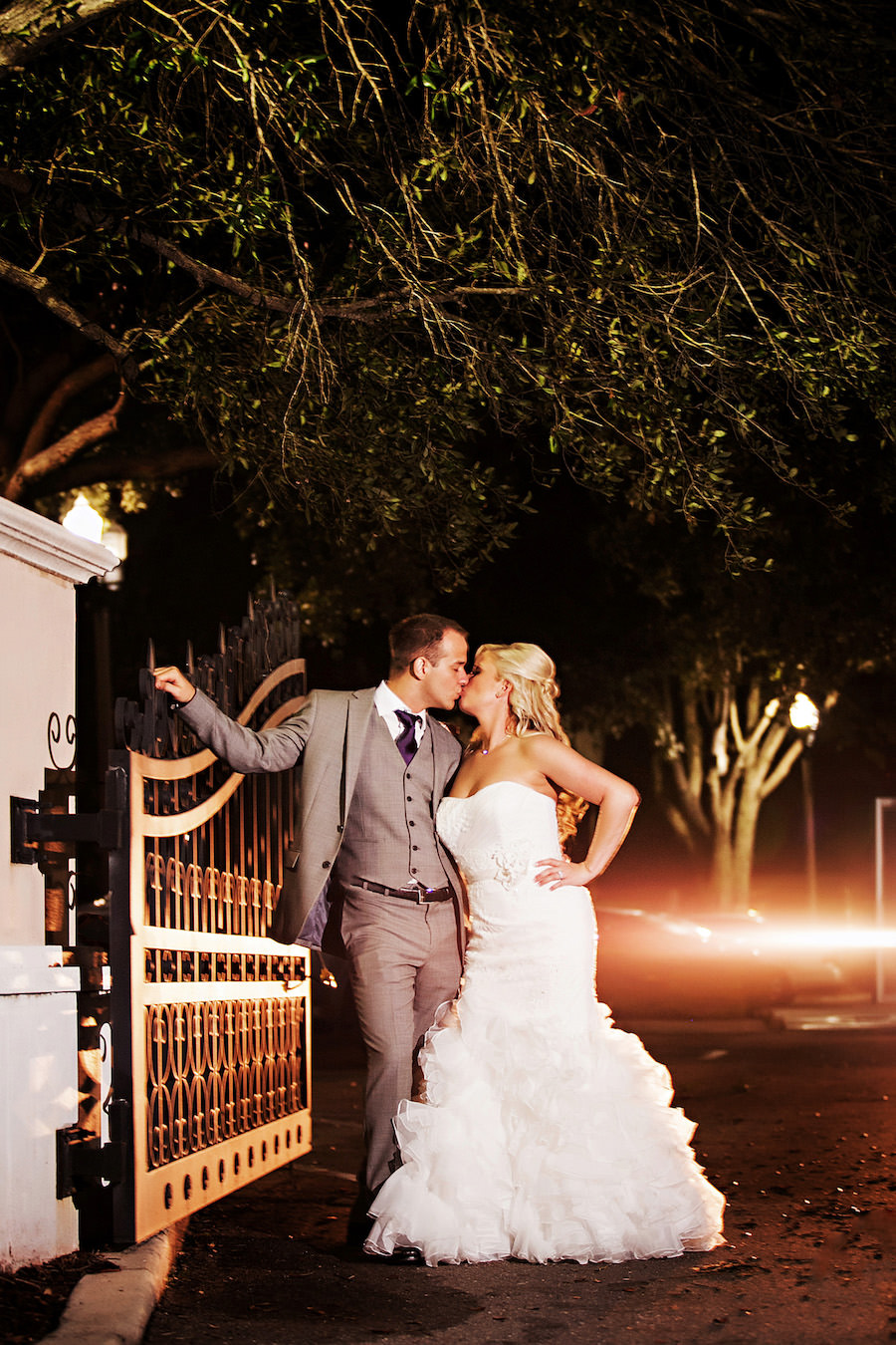 Outdoor, Bride and Groom Nighttime Wedding Portrait | St. Petersburg Wedding Photographer Limelight Photography