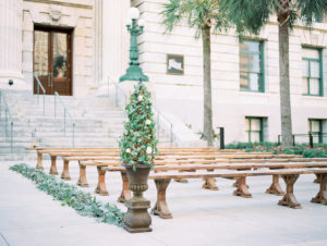 Downtown Tampa Rustic Outdoor Wedding Ceremony with Wooden Benches at Le Meridien | Tampa Wedding Planner Inspire Weddings and Events