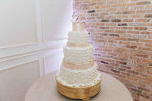 Six Tiered Blush Pink and White Ivory Round Ruffled Wedding Cake with Monogram Cake Topper | Wedding Cake Ideas & Inspiration