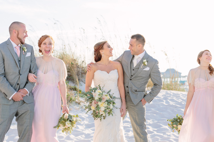 Bride and Groom Beachfront Wedding Portrait with Bridal Party at Hilton Clearwater Beach Wedding Venue | Hair and Makeup by Michele Renee The Studio | Blush Pink and Grey Wedding Ideas