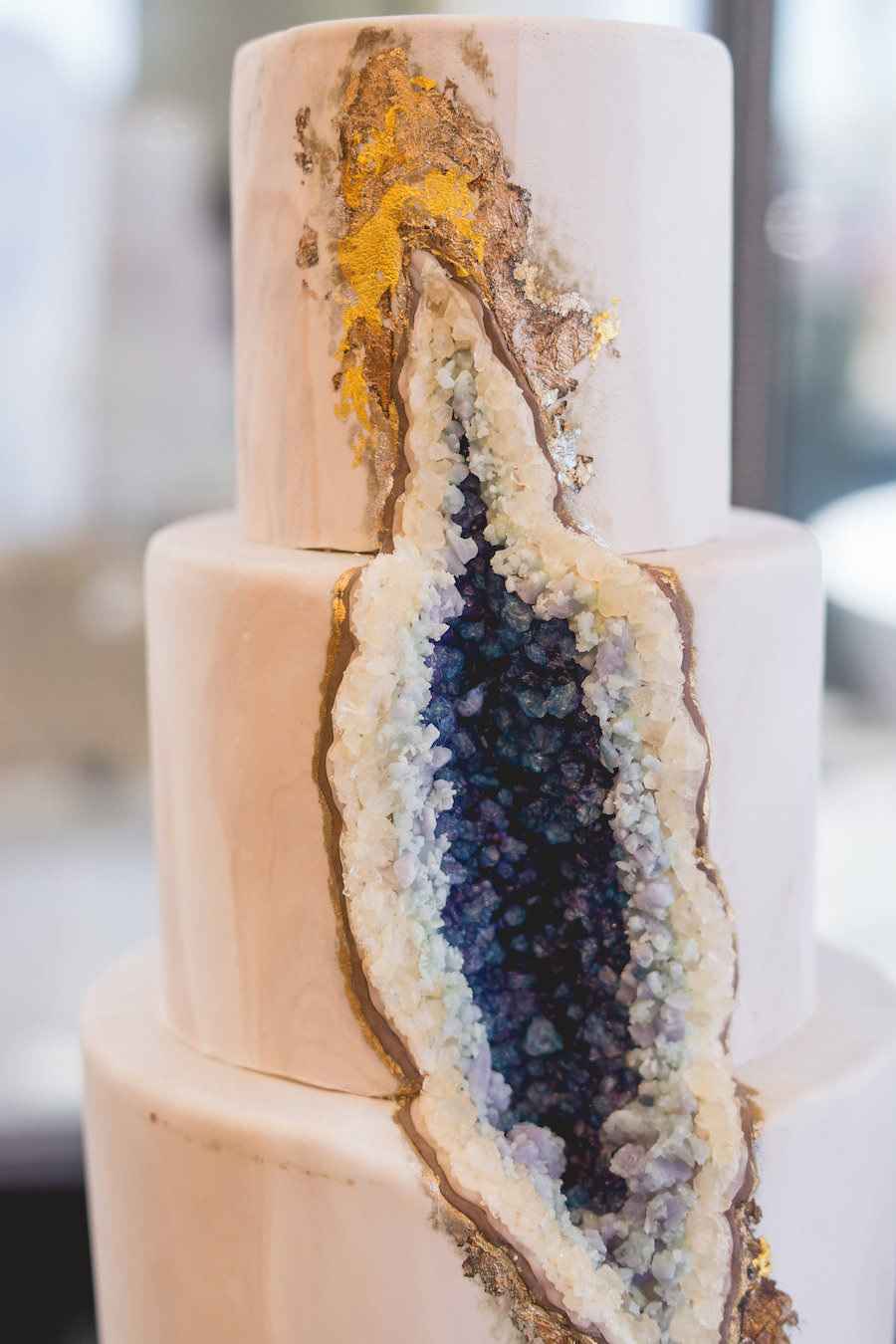 Three Tiered Blue Geode Crystal Wedding Cake