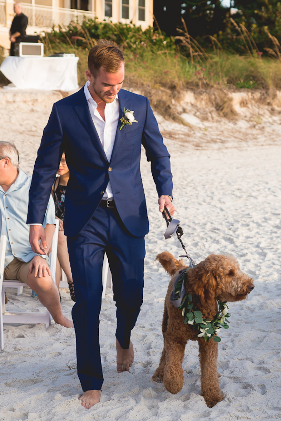 Groom in Navy Suite with Goldendoodle Dog at Beachfront Wedding Ceremony