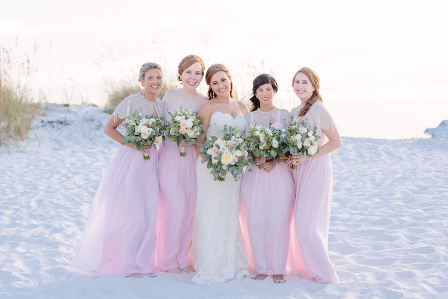 Clearwater Beach Bridal Party Wedding Portrait with Blush Pink Casablanca Bridesmaids Dresses and Ivory, Strapless Lace Wedding Dress | Clearwater Beach Hair and Makeup Artist Michele Renee The Studio