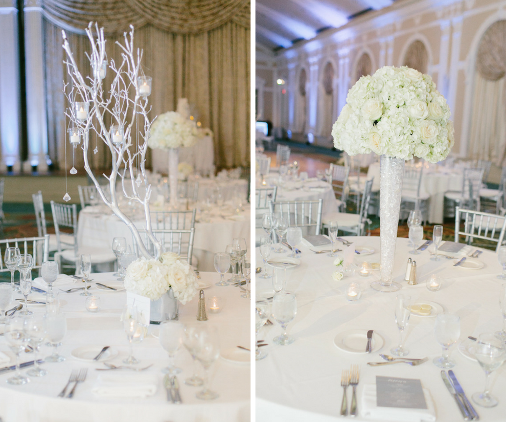 All White Wedding with Tall Hydrangea and Rose Centerpiece Flowers in White Vases with White Manzanita Branches | White Linens with White Chiavari Chairs at St. Petersburg Wedding Reception Venue Vinoy Renaissance | Wedding Planning by NK Productions