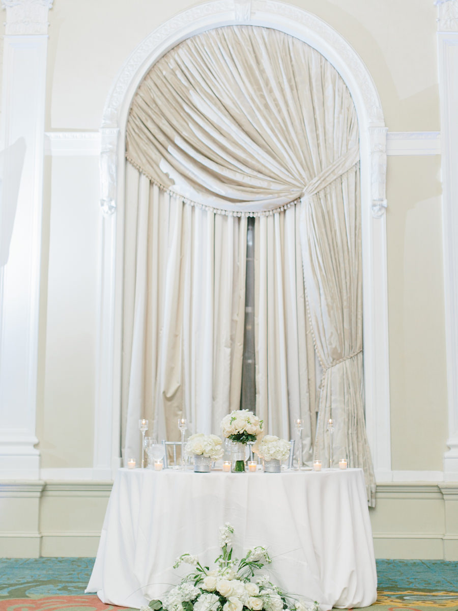 All White Wedding Reception with White Floral Centerpieces on White Linens | St. Petersburg Wedding Venue The Vinoy Renaissance | St. Pete Wedding Planning by NK Productions