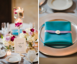 Wedding Reception Décor with Lavender, Ivory and Fuchsia Wedding Centerpieces with Floating Candles, Turquoise Napkins and Seashells | Linen Rentals Connie Duglin | Wedding Planner UNIQUE Weddings and Events