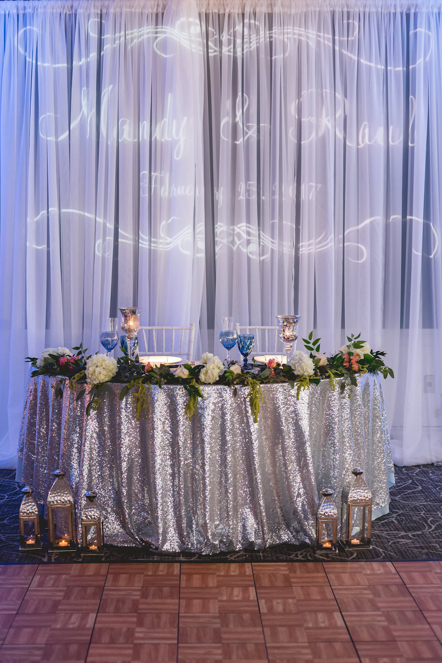 Silver, White and Blue Wedding Reception Decor with Sweetheart Table | Tampa Bay Wedding Venue | Bay Harbor Hotel