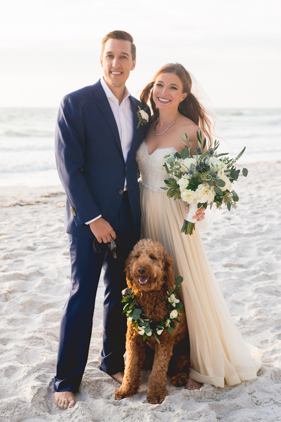 Outdoor, Florida Beach Waterfront Bride and Groom Wedding Portrait with Pet Goldendoodle | St. Petersburg Wedding Photographer Grind and Press Photography