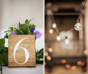 Wedding Reception Rustic Table Numbers with Purple Roses, Greenery and Stringlights | Wedding Planner NK Productions | Wedding Decor and Inspiration
