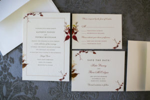 Fall Themed Ivory and Burgundy Wedding Invitation Suite with Leaf Motif by Wedding Paper Divas