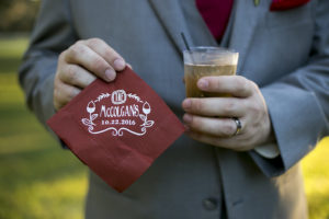 Burgundy Personalized Rustic Cocktail Napkins with White Lettering | Personalized Fall Themed Wedding Reception Ideas