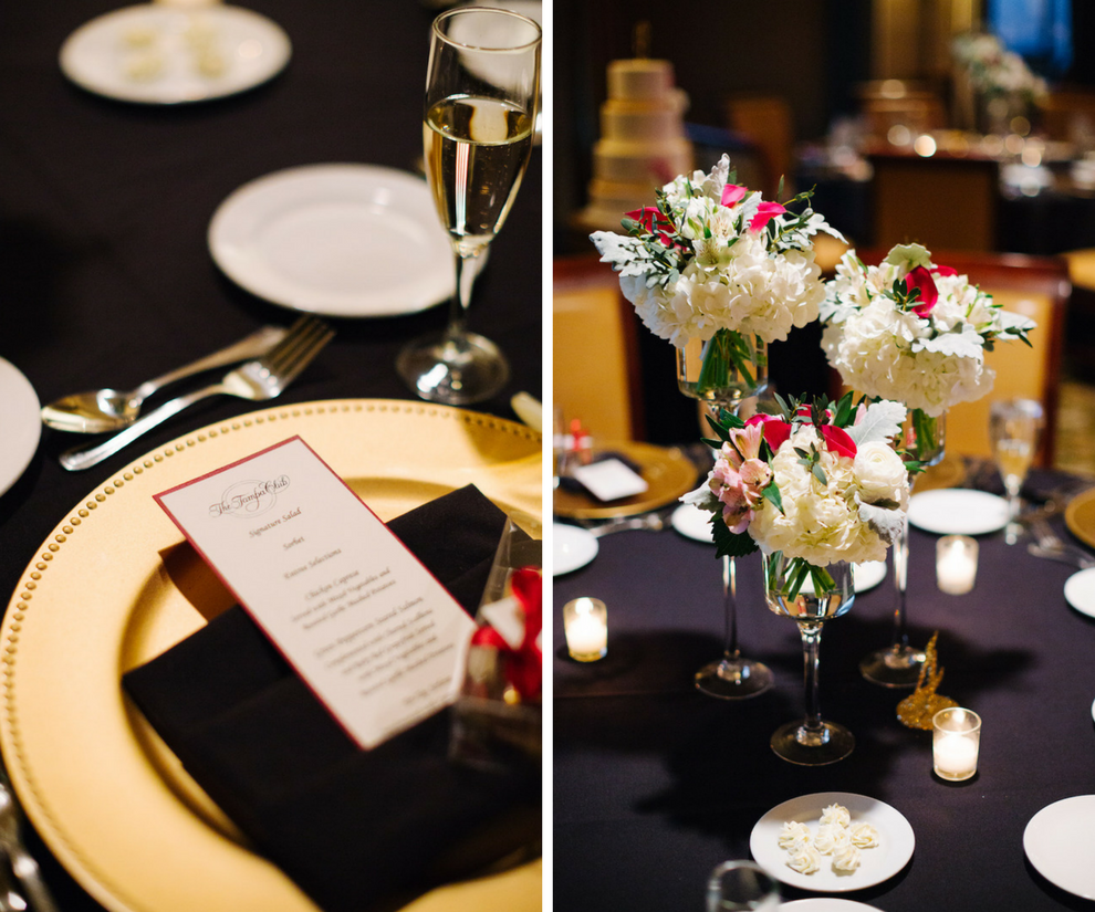 Wedding Reception Centerpieces with White and Pink Flowers in Clear Vases and White Black and Gold Table Setting | The Tampa Club Wedding Venue