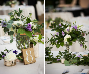 Rustic, Ivory Purple and Greenery in Clear and Silver Vases with Mercury Glass and Candles Centerpieces | Tampa Bay Wedding Planner NK Productions | Wedding Reception Decor and Inspiration