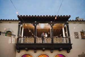 Bride and Groom Wedding Day Portrait on Italian Tuscan Style Balcony | Sarasota Wedding Photographer Marc Edwards Photographs | Private Mansion Wedding Venue Powel Crosley Estate